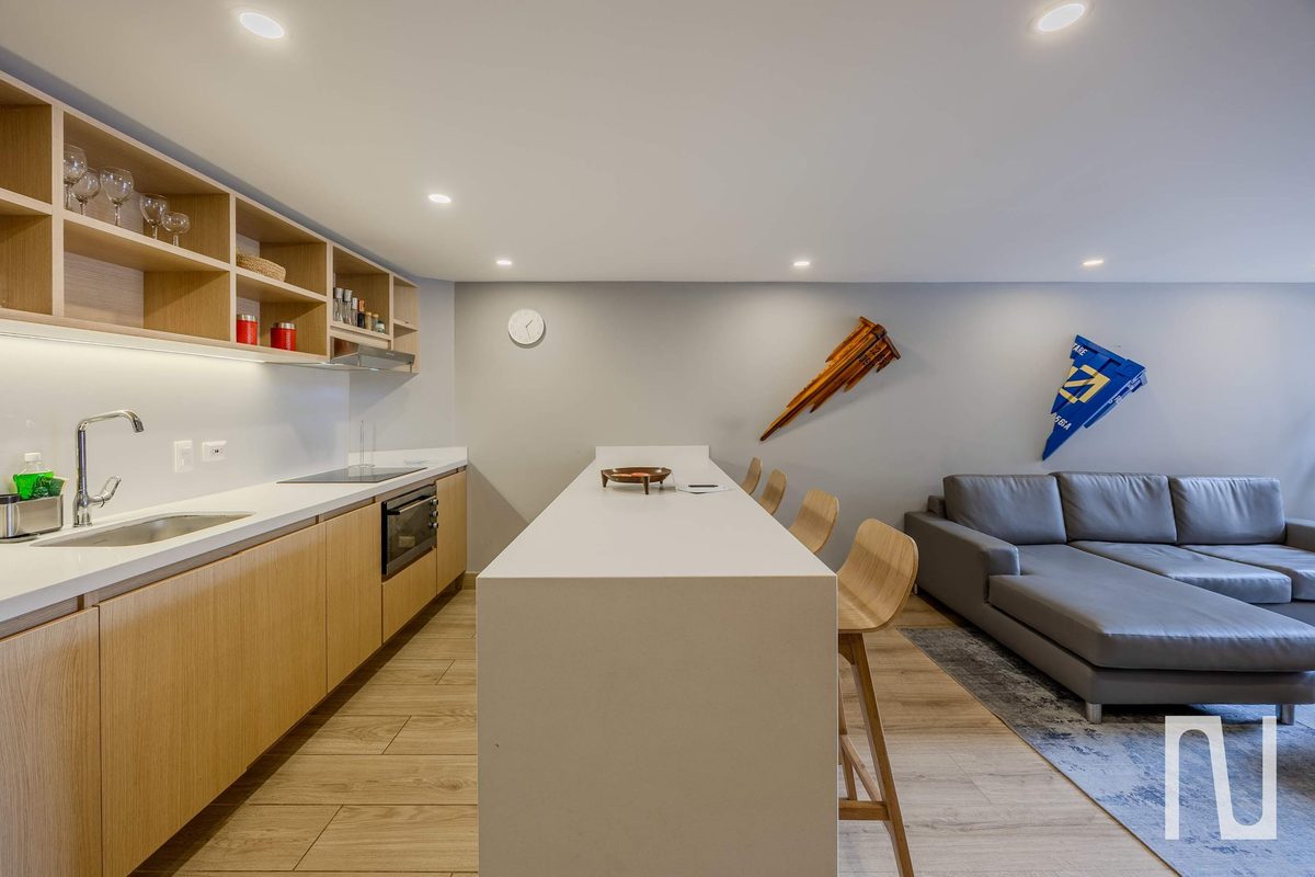 Open kitchen, dining and living area